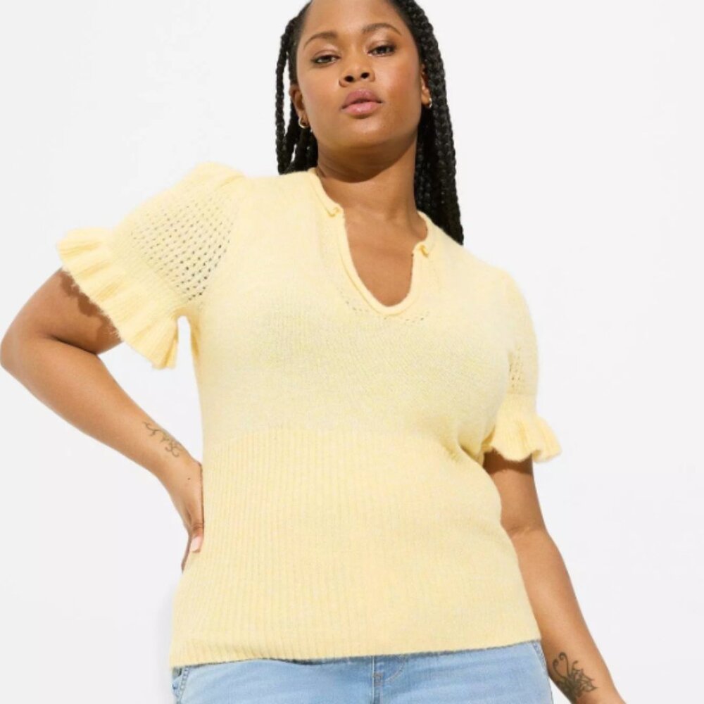 New Torrid sz 4X Pullover V-Neck Ruffle Elbow Sleeve Pullover Sweater‎ Feminine